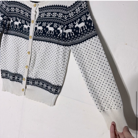 Maxmid Cream Navy Jacquard Moose Print Fair Isle Button Up Knit Cardigan S - Picture 6 of 11